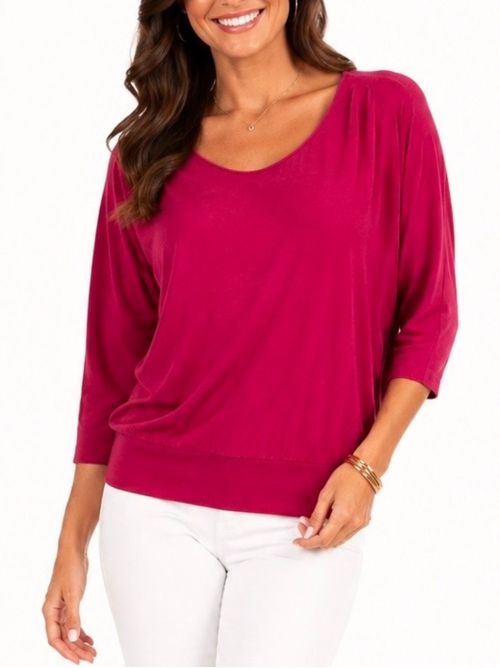 Chico’s Travelers Red Scoop Neck 3/4 Sleeve Stretchy Knit Blouse Top Size Large